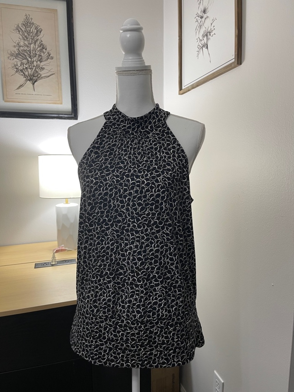 White House Black Market Black and White Loop-Print Halter Top